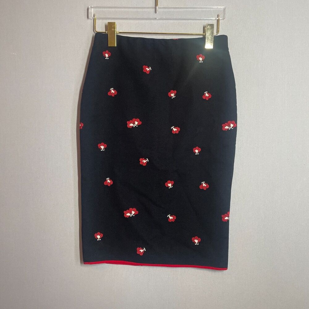Victoria Beckham Skirt 8 Black Midi Pencil Floral Embroidered Zip Slit Career